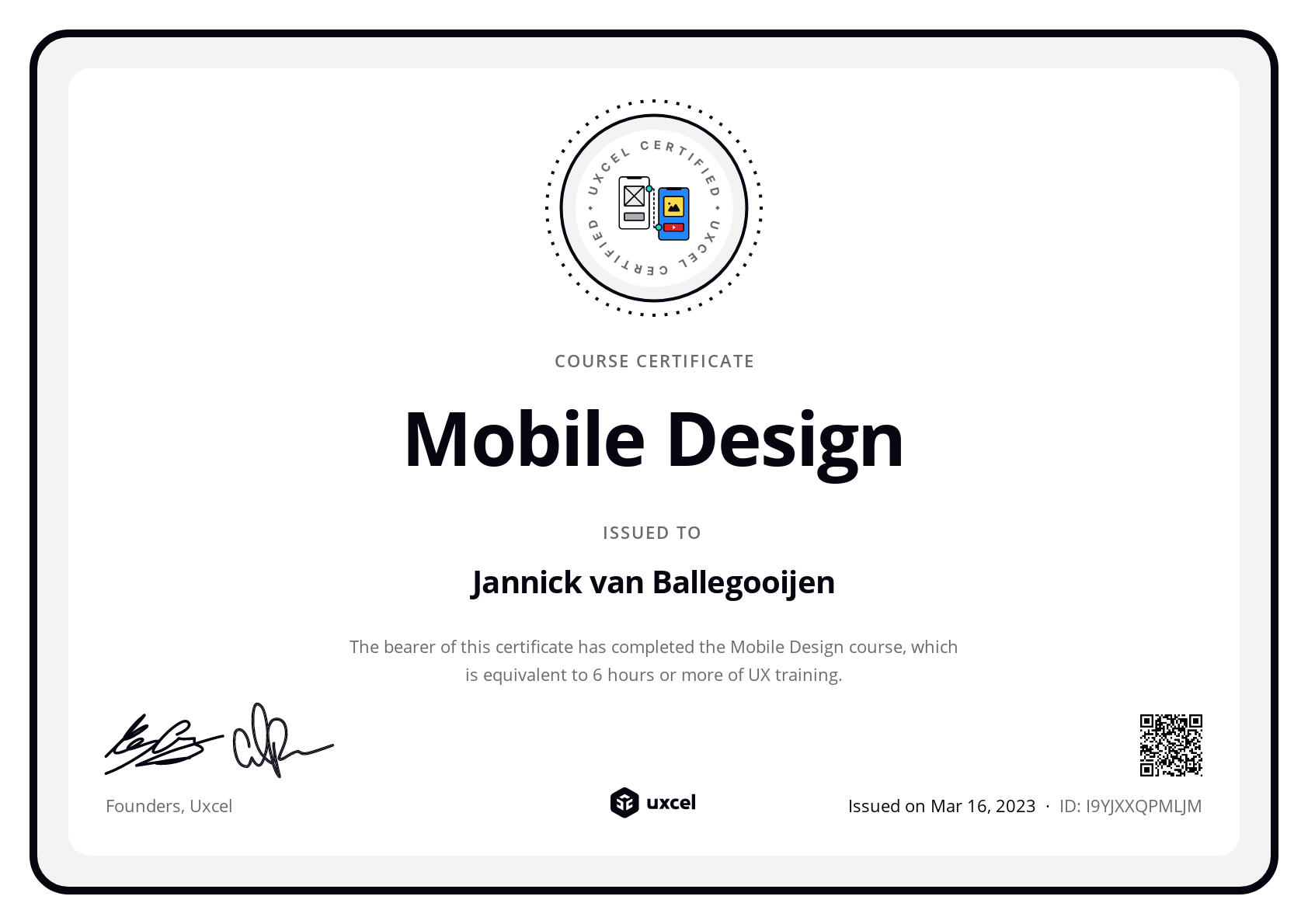 Jannick van Ballegooijen's certificate